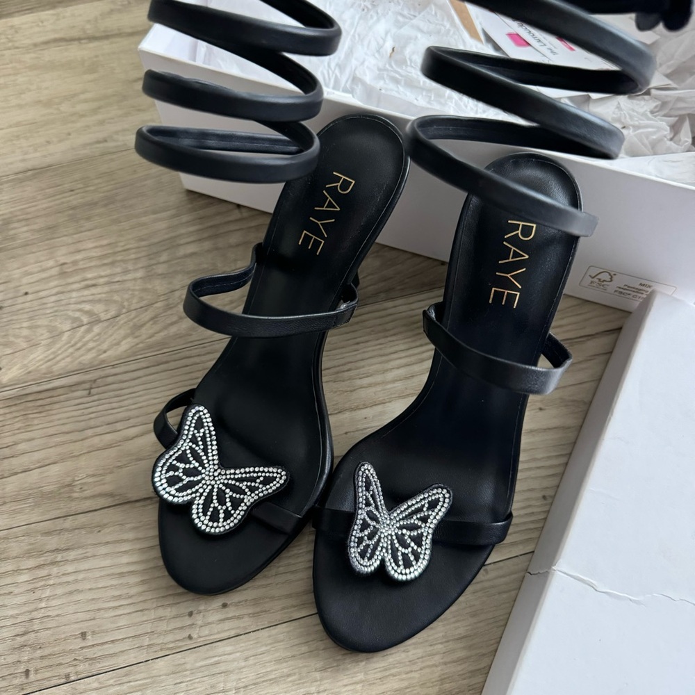 RAYE Black Sandals with Silver Butterfly Embellishment